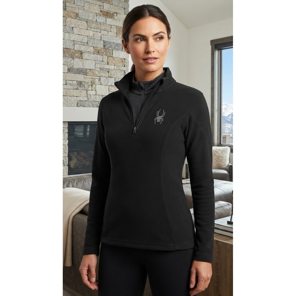 Spyder Pullover Fleece 1/4 Zip Rhinestone Logo Women's 10 Black Active Mock Neck